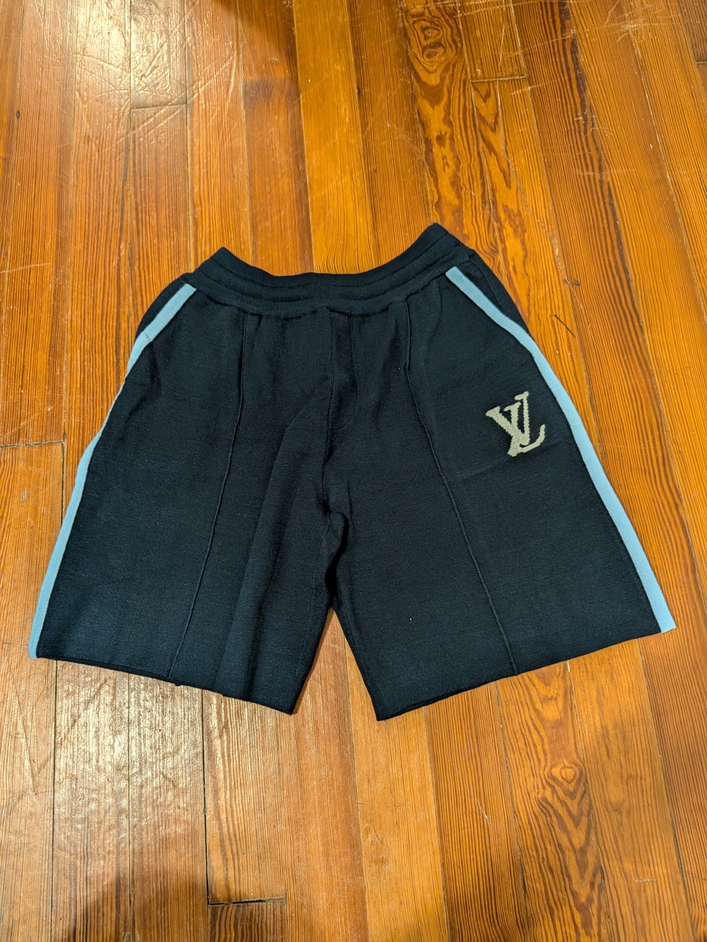 AUTHENTIC FW25 Louis Vuitton Black Shorts with Light Blue Side Trim and LV Logo